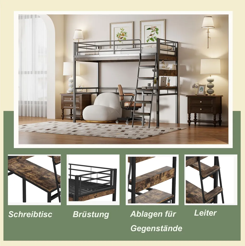 Lit Combiné Enfant 90x200 cm avec Bureau Intégré et Rangement Noir