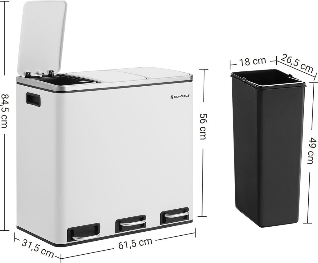 SONGMICS Mülleimer Mülltrennsystem, 3 x 18 L, ergonomisch, Produktbild 11