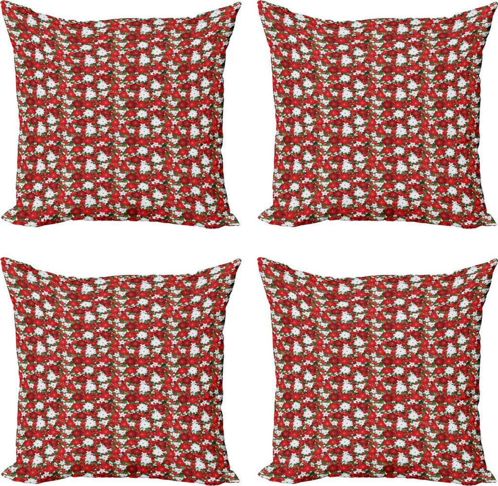 ABAKUHAUS Weihnachten Kissenbezug Set (4 Stück), Holly Mistletoe, Moderner Doppelseitiger Digitaldruck, 40 cm x 40 cm, Weiß Rot Grün