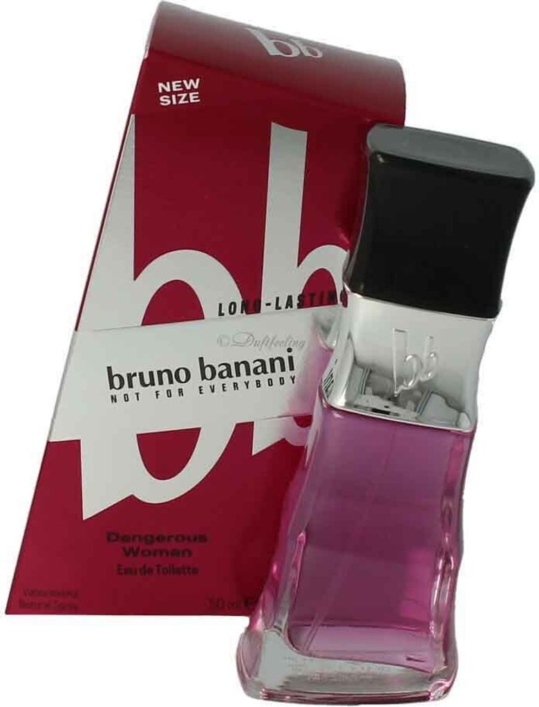 A bottle of Bruno Banani Dangerous Woman Eau de Toilette and its packaging are displayed against a white background.