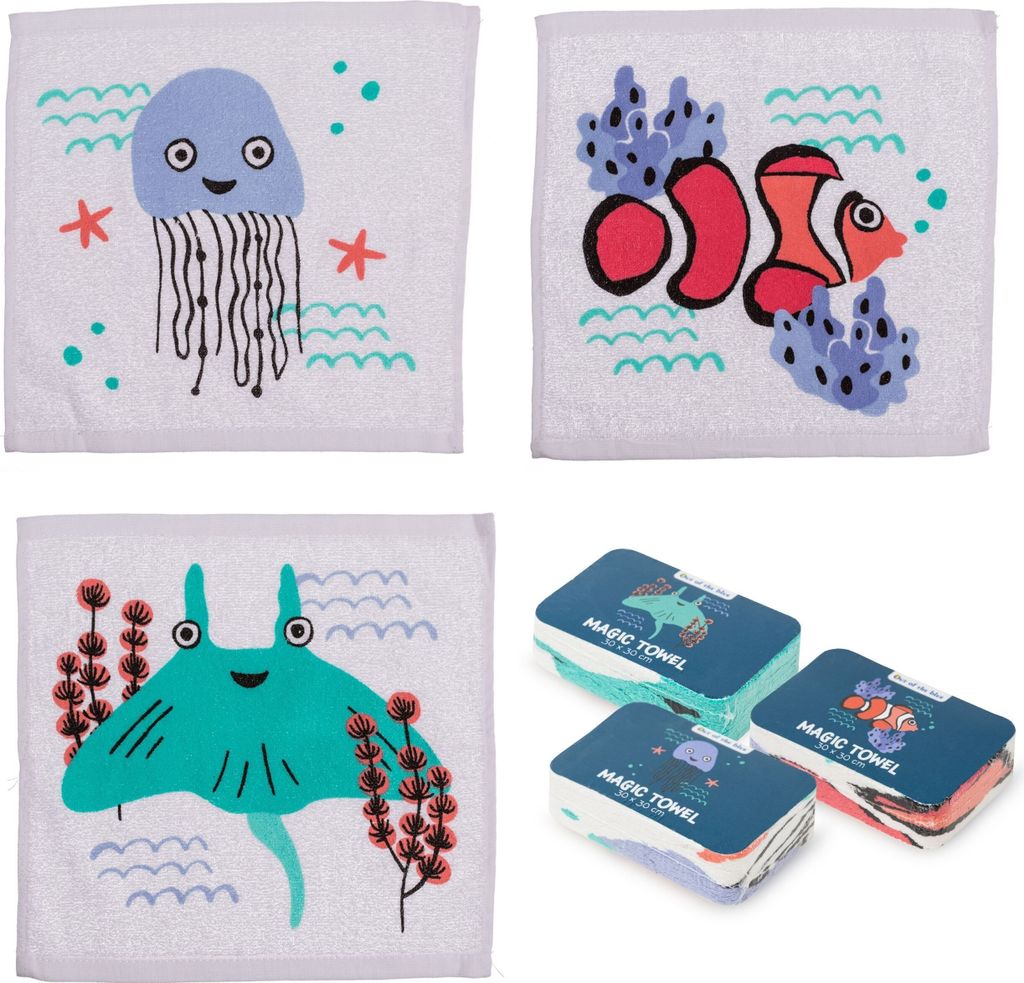 Meerestiere Zauberhandtuch Set für Kinder - 3-teilig, 30x30 cm, aus Baumwolle - Magische Handtücher für Mädchen & Jungen - kleine Handtücher