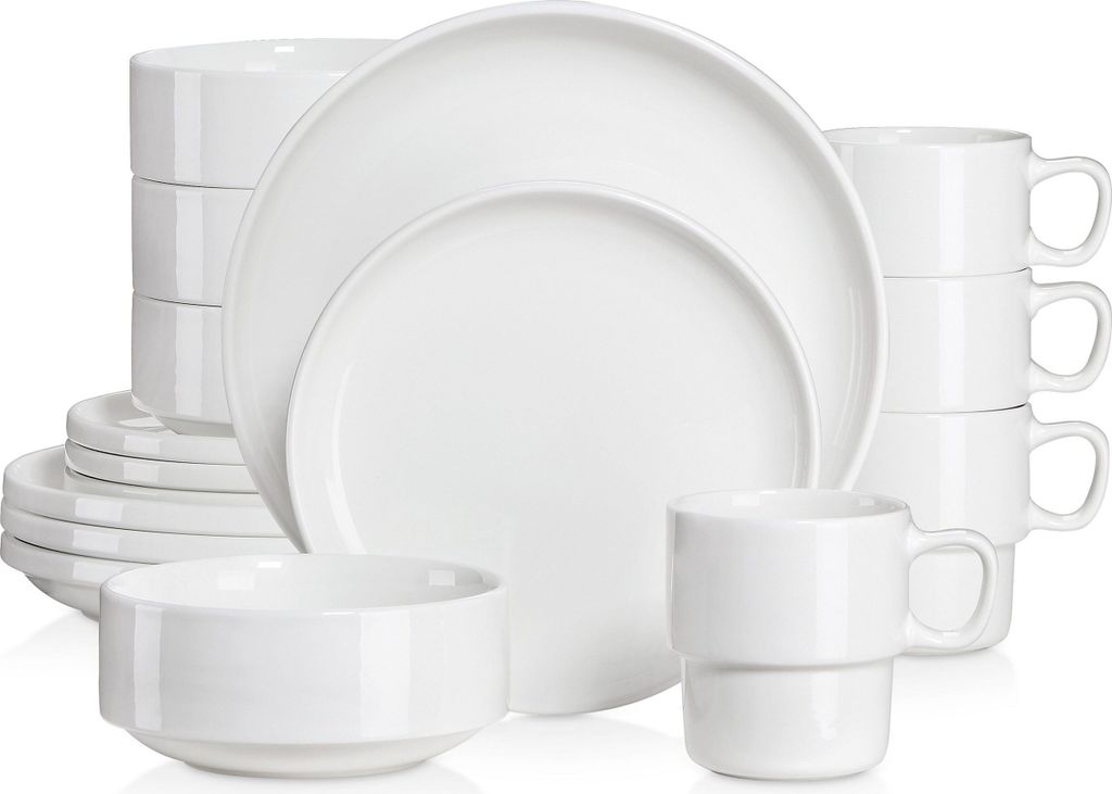 LOVECASA Tafelservice Porzellan, 16-teiliges Kombiservice Set, Ess Geschirrset für 4 Personen, Speiseteller, Tassen, Dessertteller und Schüsseln
