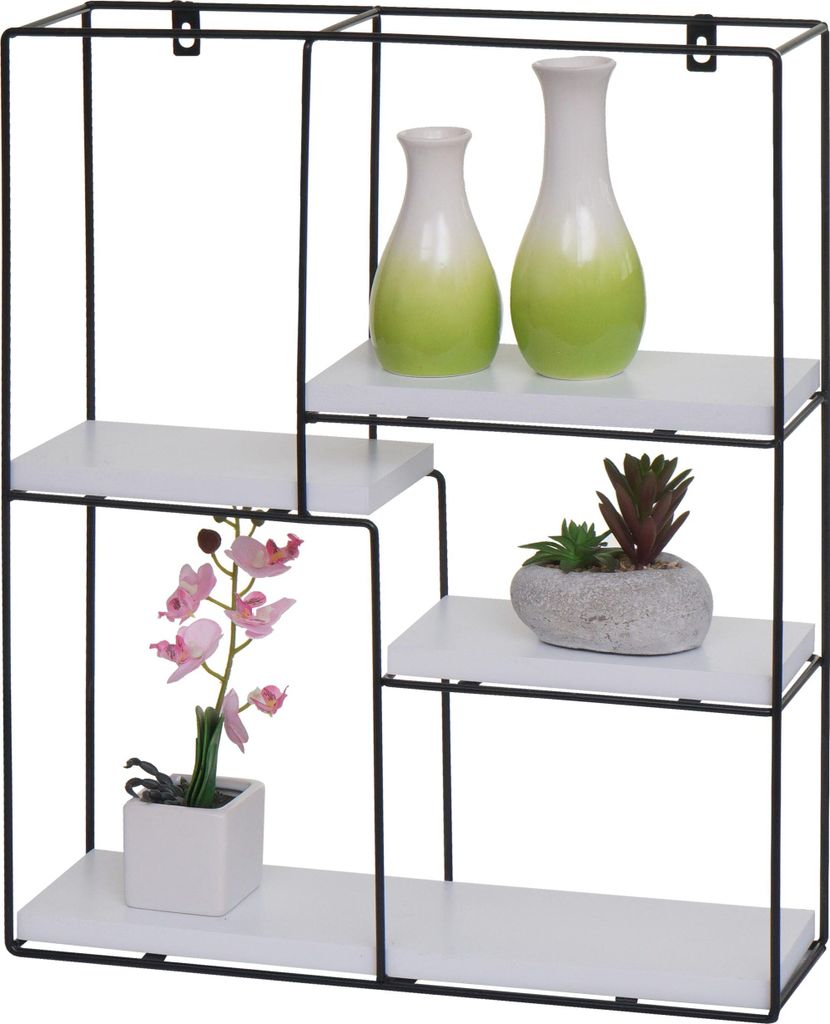 Wandregal HWC-K76, Hängeregal Schweberegal Regal, 4 Regalböden Metall Massiv-Holz Industrial 51x40x11cm weiß