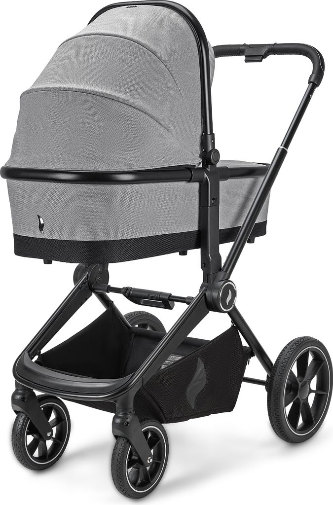 A studio shot of a gray and black baby stroller.