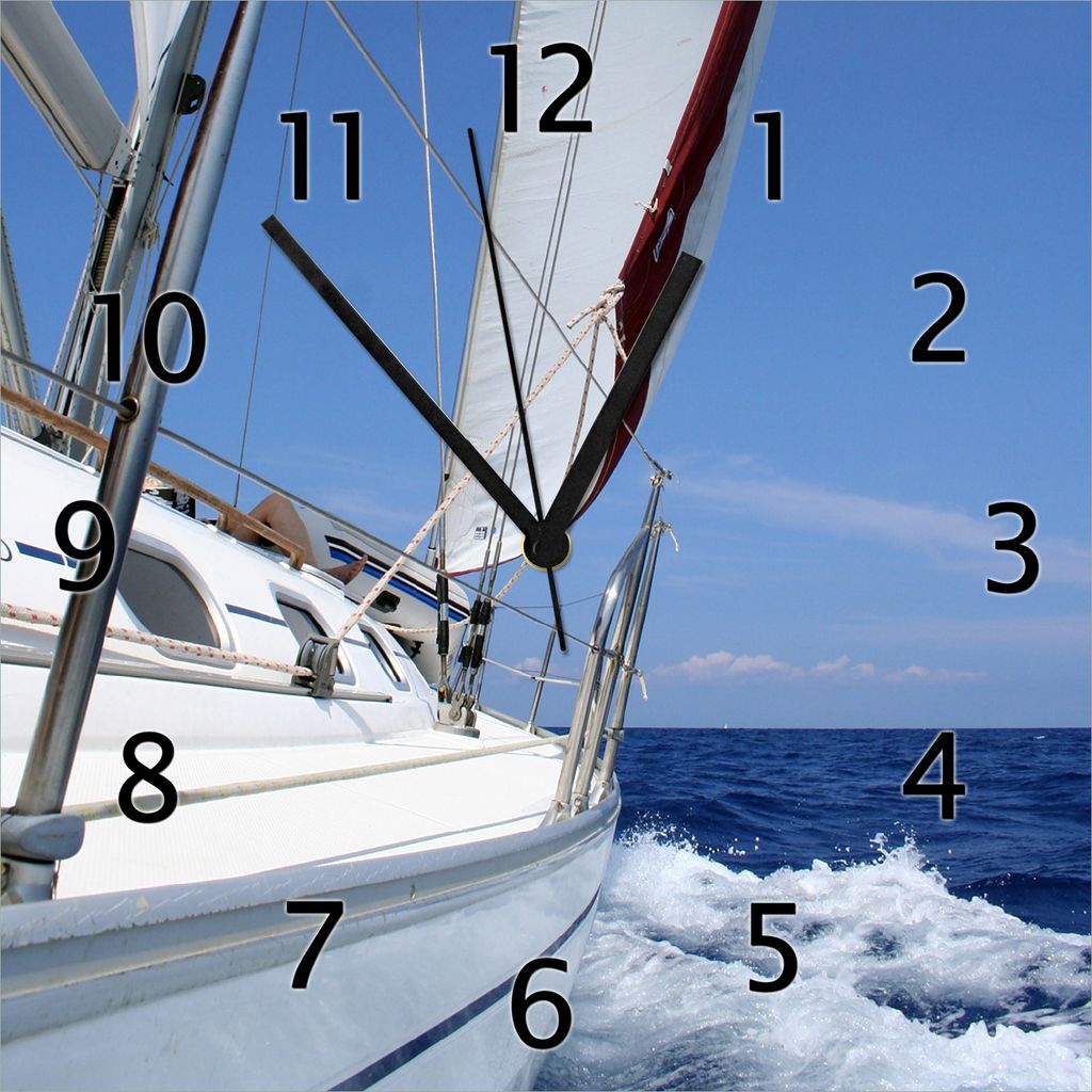 Wallario Design Wanduhr Segelboot on Tour aus Echtglas, Größe 30 x 30 cm