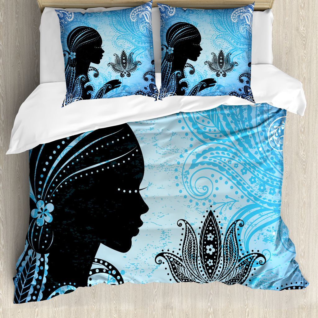 ABAKUHAUS Silhouette Bettbezug Set für Einzelbetten, Mädchen Lotus Kunst, Milbensicher Allergiker geeignet mit Kissenbezug, 200 cm x 200 cm - 80 ...