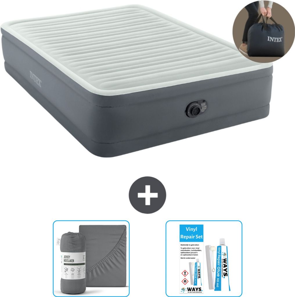 Intex Luftbett - 2 Personen - 152 x 203 x 46 cm - Grau - Inklusive Pumpe - Spannbettuch en Reperaturset