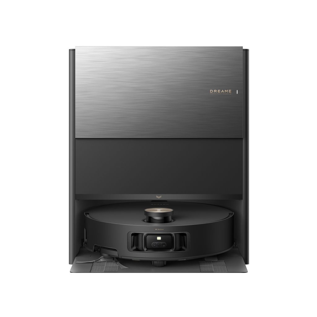 A Dreame Aqua10 Roller vacuum robot is docked in its charging and cleaning station.