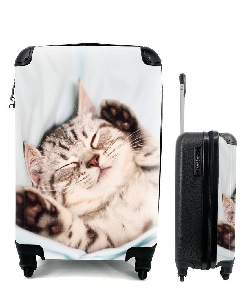 MuchoWow Koffer Handgepäck Trolley Rollkoffer Kleine Reisekoffer mit 4 Rollen - Kätzchen - Schlafen - Bett - Cabin Size < 55x40x23 cm & 55x40x2...