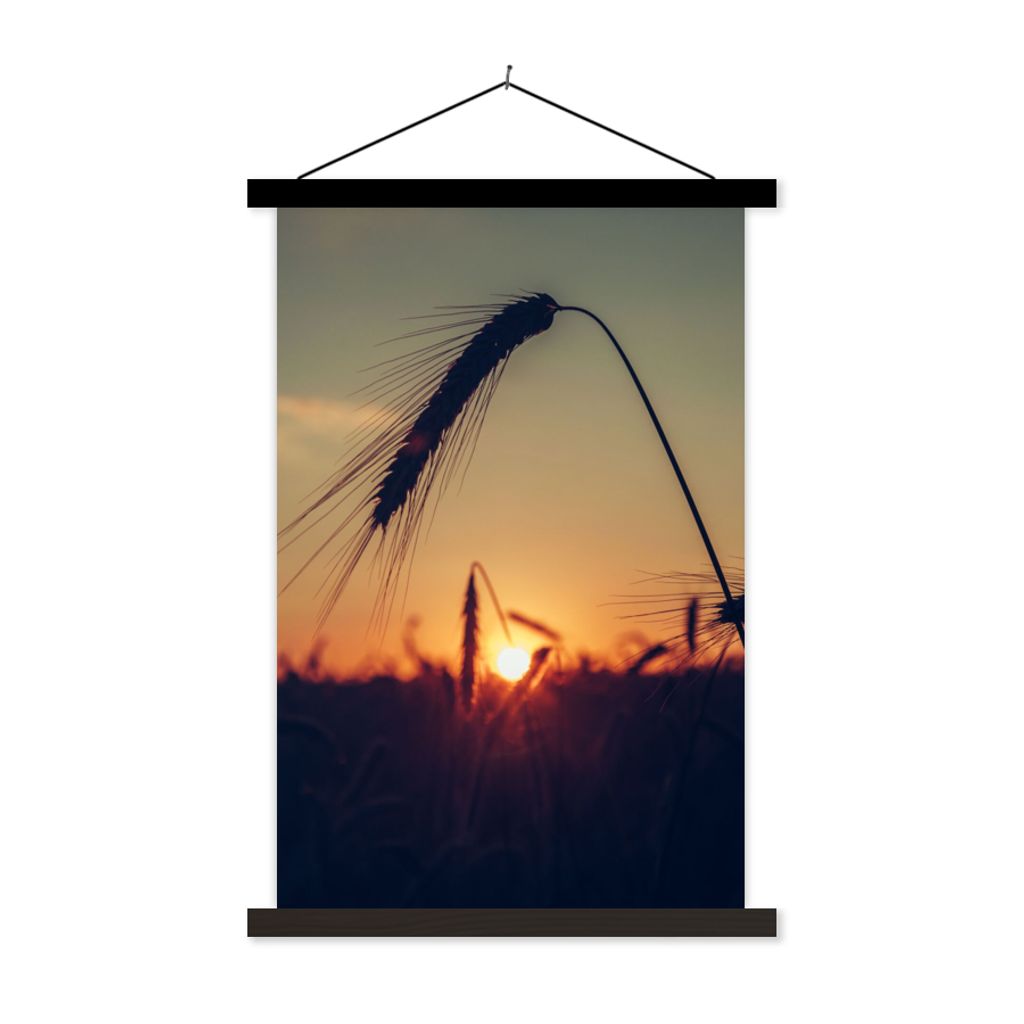 MuchoWow Textilposter Gras - Herbst - Sonnenuntergang - Jahreszeiten - Landschaft 60x90 cm mit schwarzem Rahmen - Poster Wohnzimmer
