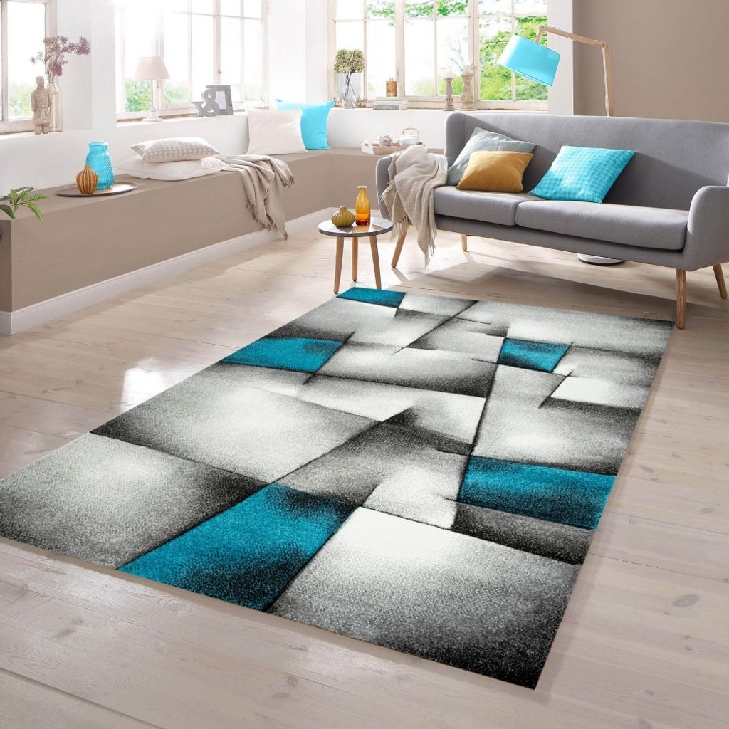 Designer Teppich mit Konturenschnitt Karo Muster Türkis Grau Weiß Schwarz Größe - 120 x 170 cm