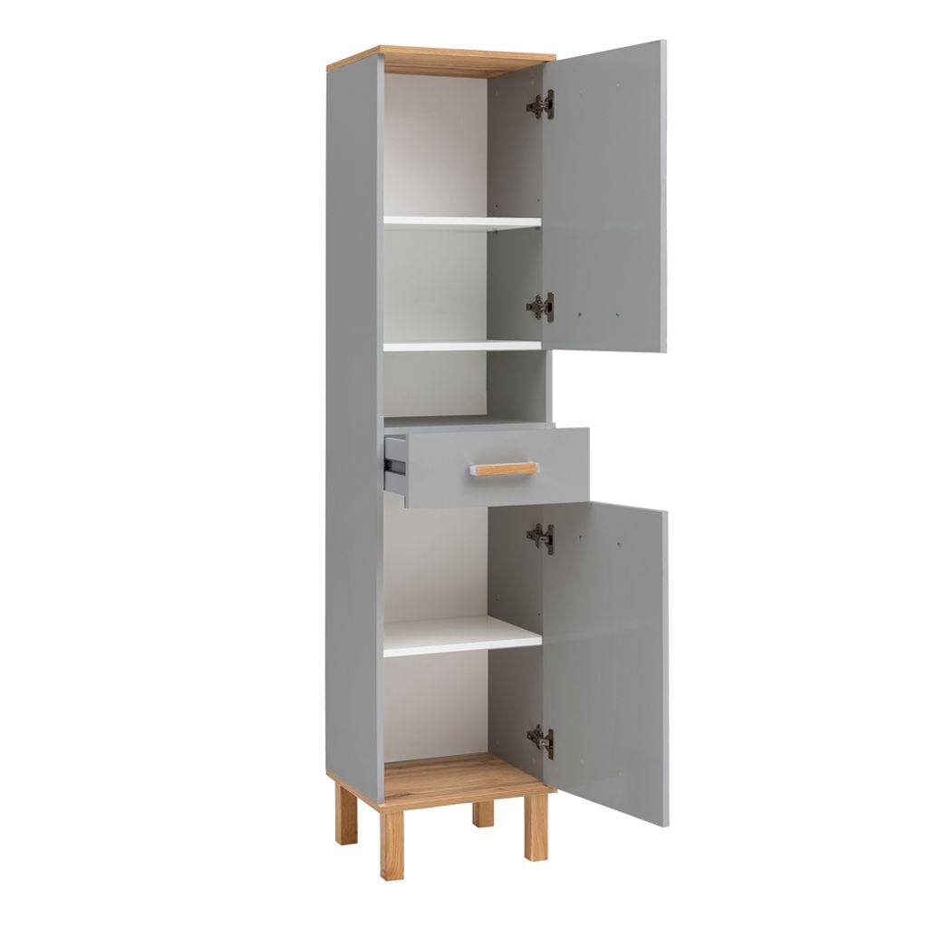 Badezimmer Hochschrank PERM-80 in Platingrau mit Eiche Landhaus Nb., B/H/T: ca. 40,4/178,5/35 cm