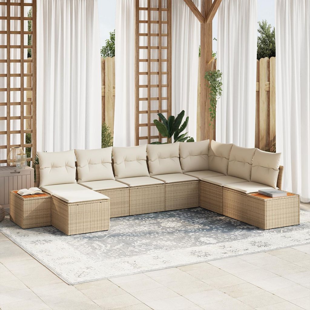 Möbel Gartenlounge Set 8-teiliges Garten Sofa Set mit Kissen Beige Poly Rattan Akazie - Terassenmöbel Gartenmöbel Neu7624201