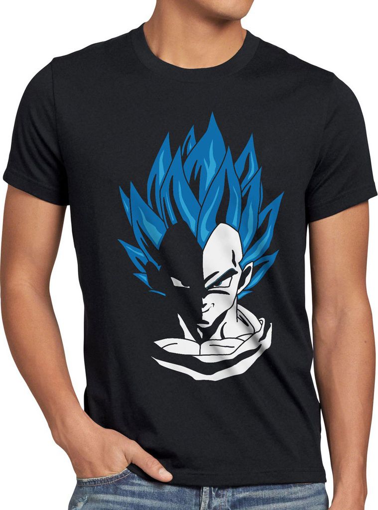 style3 Super Vegeta Blue God Modus Herren T-Shirt Anime Manga Power Sayajin Kopf Krieger Schwarz, Größe:5XL, Farbe:Schwarz