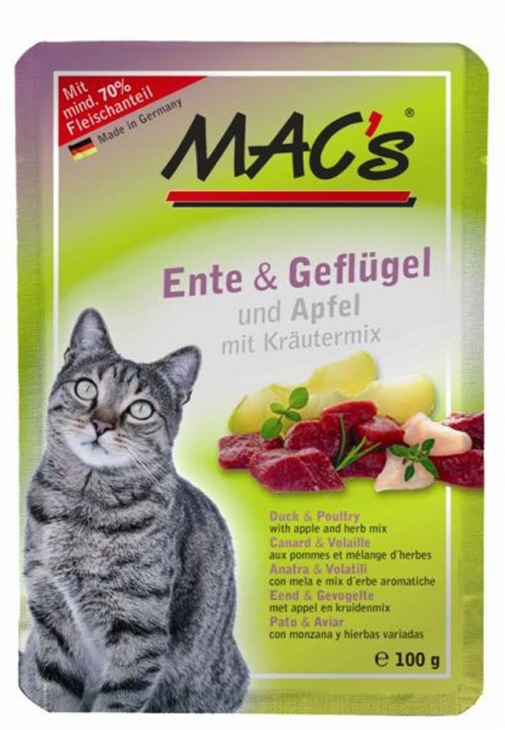 MAC's POUCH PACK ENTE & GEFLÜGEL UND APFEL MIT KRÄUTERMIX, Adult, jede Rasse, Apfel, Ente, Geflügel, 100 g, Getreidefrei