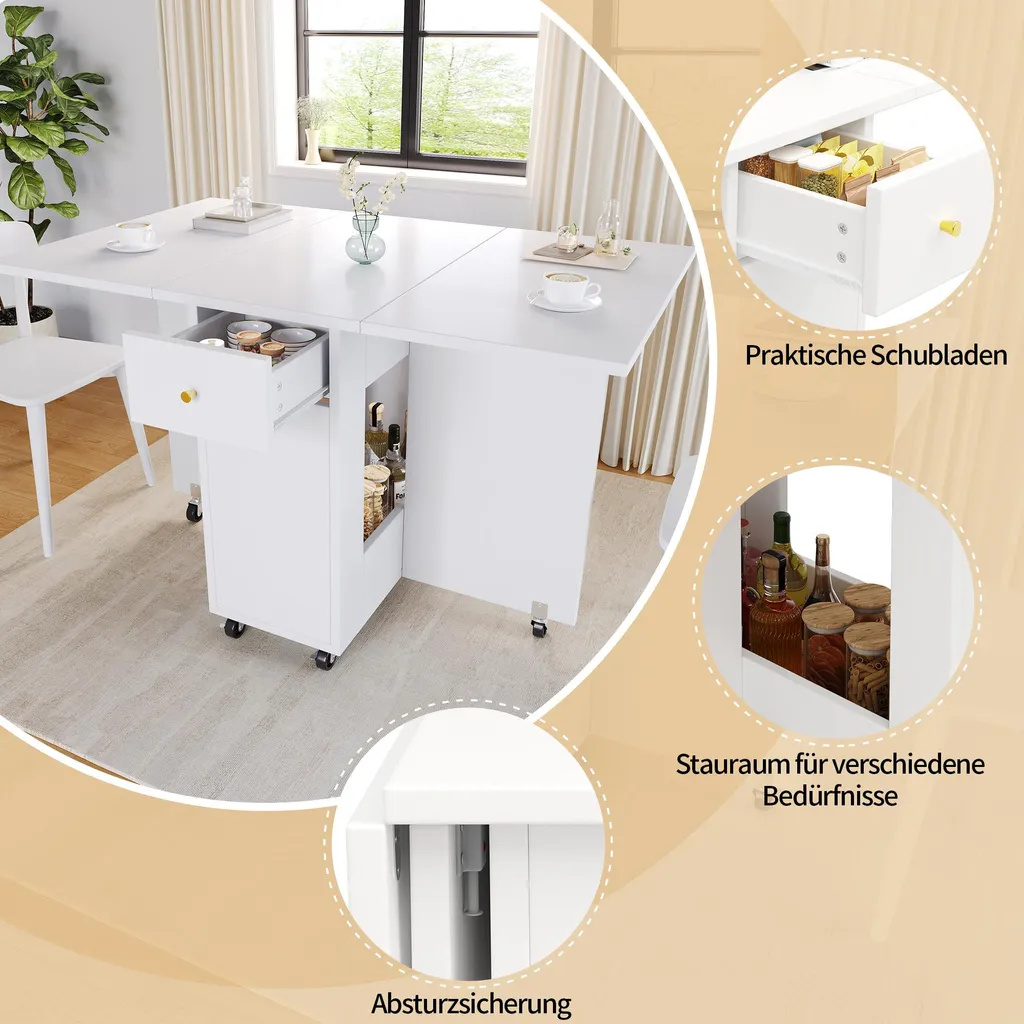 Table d'appoint mobile pliable pour cuisine avec rangement intégré blanc