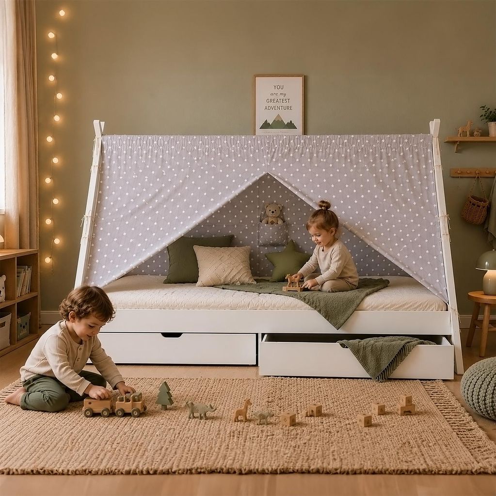 Homestyle4u Kinderbett 90x200 Hausbett mit Bettkasten mit Produktbild 