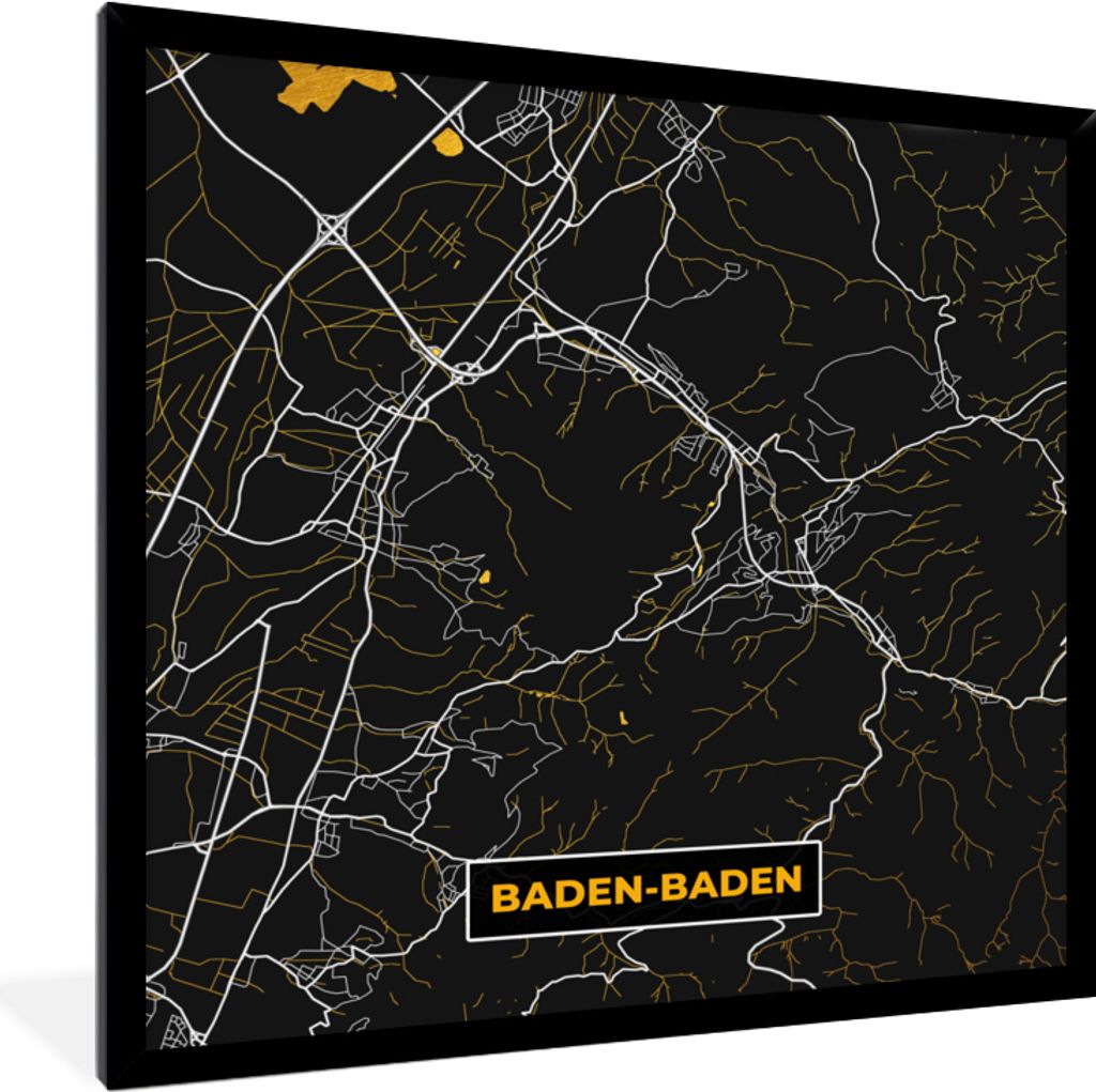 MuchoWow Gerahmtes Poster Stadtplan - Karte - Deutschland - Gold - Baden - Karte 40x40 cm - Poster mit Schwarzem Bilderrahmen Wandposter Rahmen F...