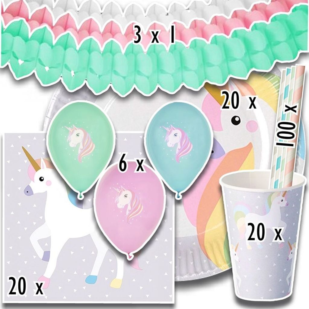 tradingbay24 Party-Set Einhorn (169-teilig: Servietten, Teller, Becher, Luftballons, Girlanden, Trinkhalme) tbK0025 Unicorn Einweg-Party-Set Party-...
