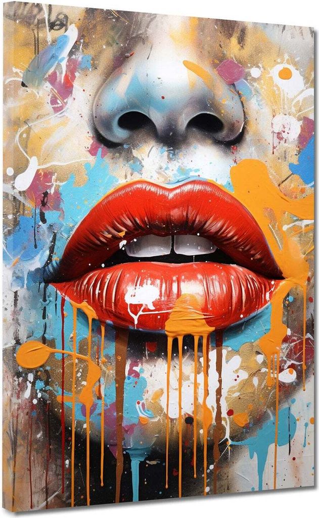Leinwandbild Wandbild rote Lippen, Frau bunt Kunstdruck XL Wanddeko: 90x120x2cm