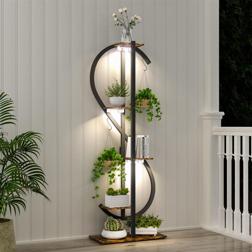 WISFOR Metall Blumenregal Pflanzenregal mit Wachstumslicht, S-Form Blumenständer Pflanzenständer, Mehrstöckig, für Zimmerecke, Wohnzimmer, Balkon