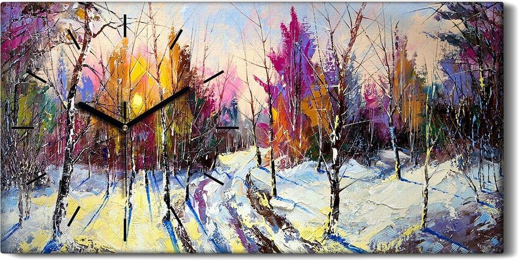 Wanduhr Bürouhr Leinwand Bild 60x30 Malerei Winter Schnee Wald Bäume Natur Kunst - schwarze Hände