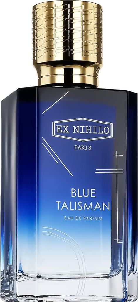 A product shot of a blue glass perfume bottle with a gold cap.