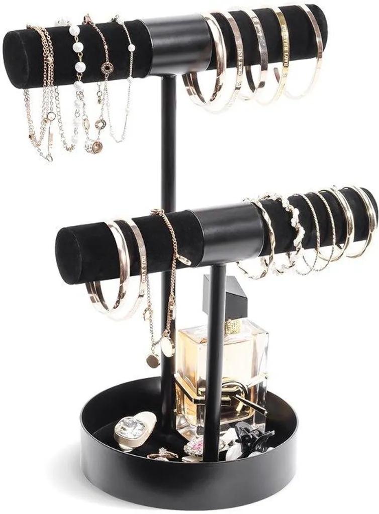Présentoir à bracelets noir à deux niveaux en métal pour montres et bijoux