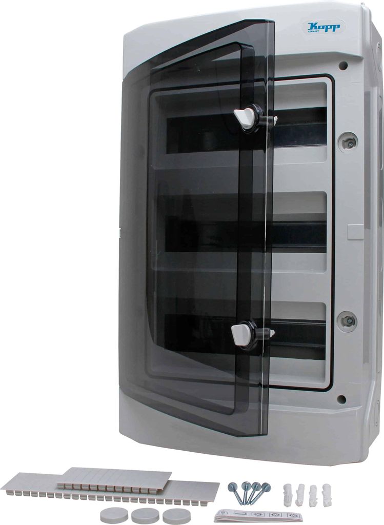 KOPP Aufputz-Feuchtraum-Verteilerkasten N36D, IP65, mit Tür, 3-reihig, 36 Pole