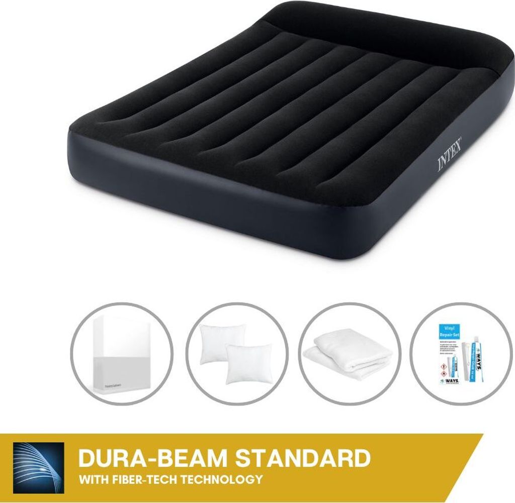 Intex Luftbett - 2 Personen - 137 x 191 x 25 cm - Schwarz - Mit eingebauter Pumpe + Spannbettlaken Weiß + Kopfkissen + Molton 2 in 1 Kissenbezüge...
