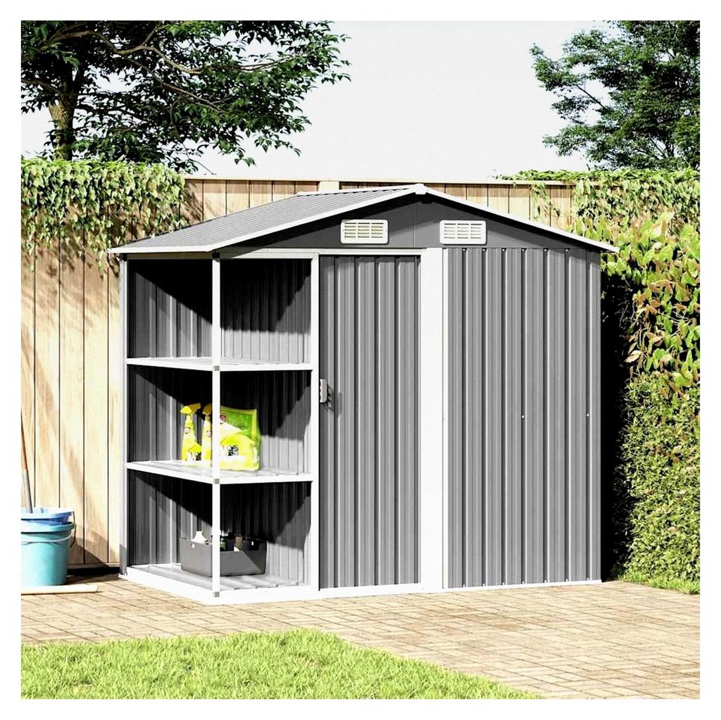 Gartenhaus grau 205x130x183 cm mit Regal und Lüftung, Schiebetür aus verzinktem Eisen für die Lagerung von Werkzeugen im Garten, auf der Terrass...