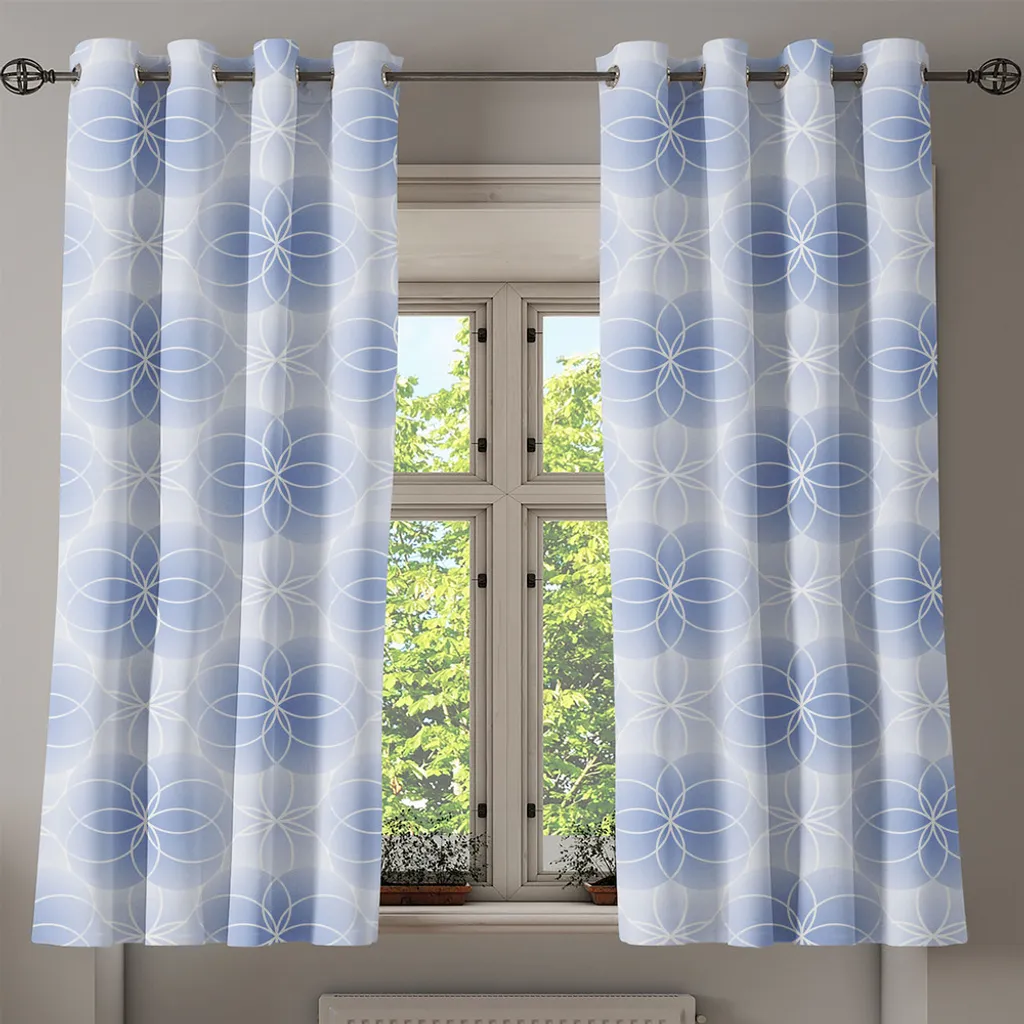 Rideau géométrique bleu clair motif spirales concentriques 280cm - 2