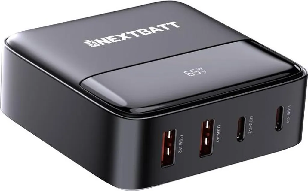 Chargeur USB GaN 4-en-1 NEXTBATT 65W avec 2 USB-C et 2 USB-A Noir