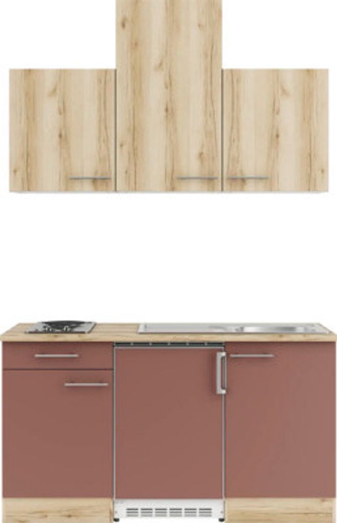 Optifit Singleküche mit Geräten Livorno290/Bari407 150 cm wildeiche rostrot matt strukturiert zerlegt Variante reversibel KPLB 1501-9+