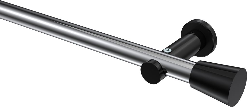 Interdeco Gardinenstange / Vorhangstange Chrom / Schwarz, Typ Platon Sitra (Konus) ohne Ringe, 20 mm Ø 1-läufig, 320 cm