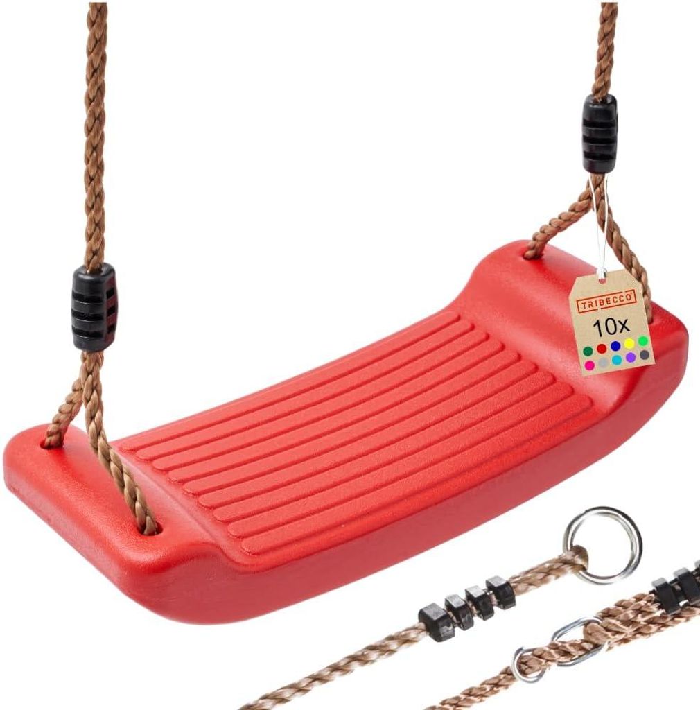 A red plastic swing seat with brown ropes and black connectors, shown against a white background.