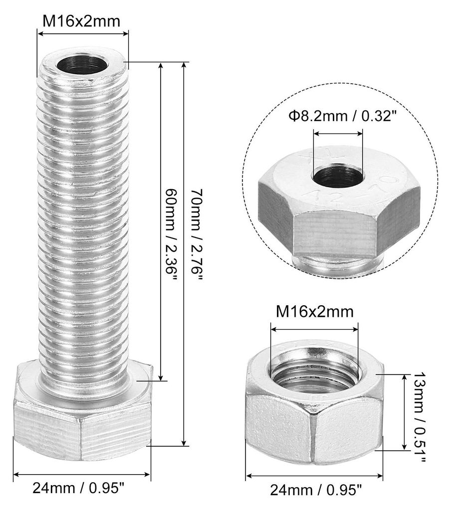 2 Satz M16x60mm Hohle Au?en Sechskant Schraube Zylindrische Lampe Gewindeschrauben Durch Lochschraube mit Mutter 304 Edelstahl