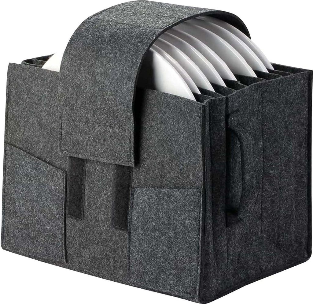 Filz Aufbewahrungsbox für Teller und Geschirr, tragbare Camping- und Picknicktasche, mehrschichtig, rutschfest, geräuscharm, dunkelgrau 27*20*18 cm