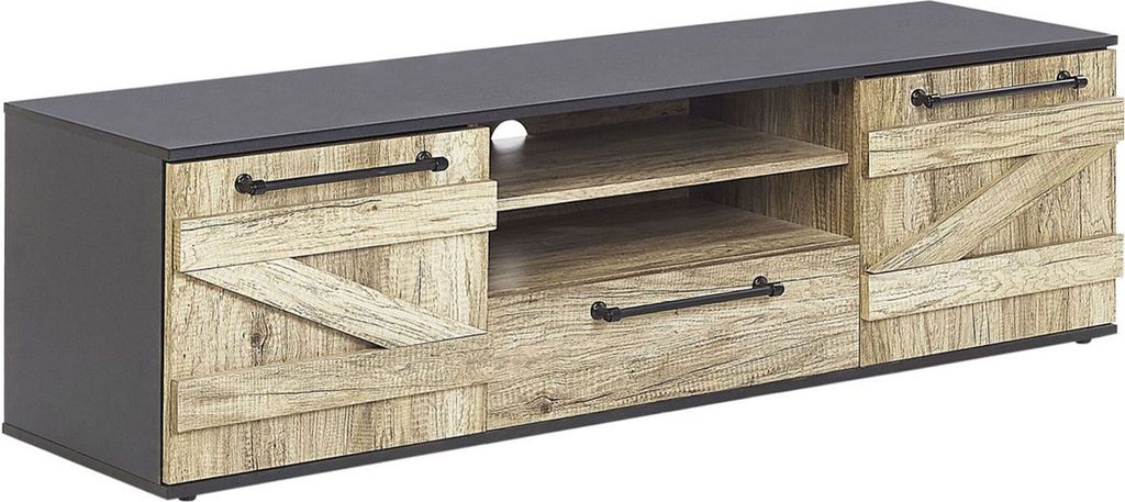 BELIANI TV-Möbel Lowboard Heller Holzfarbton/ Schwarz aus Holzspanplatte/ Metallgriffen mit Stauraum und 1 Schublade Wohnzimmer Modernes Design