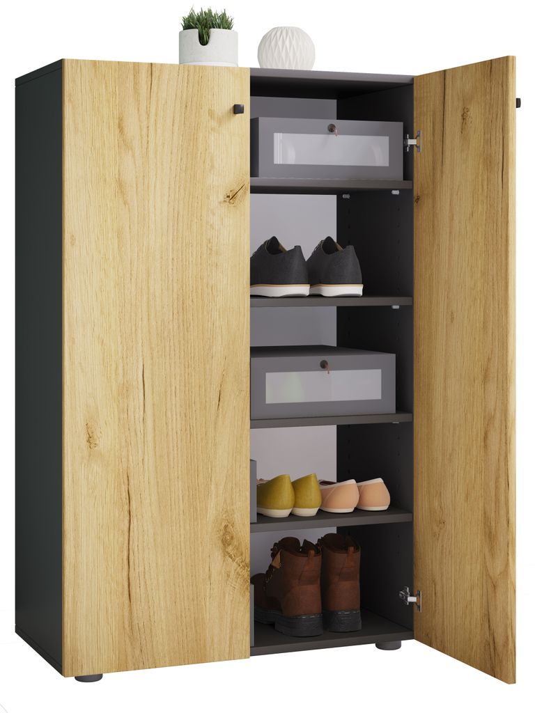 VCM Holz-Schuhschrank | Maße: H. 110 x B. 70 x T. 39 cm | Allzweckschrank | 5 Fächer | 2 Drehtüren– Lona