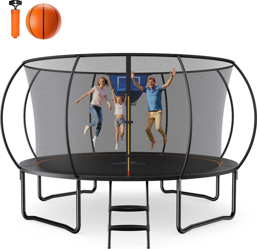 Gartentrampolin Trampolin Ø427, Kindertrampolin, Trampolin Outdoor mit Sicherheitsnetz, Anti-Rutsch-Leiter, Sprungtuch, Basketball-Set, Gewicht 15...