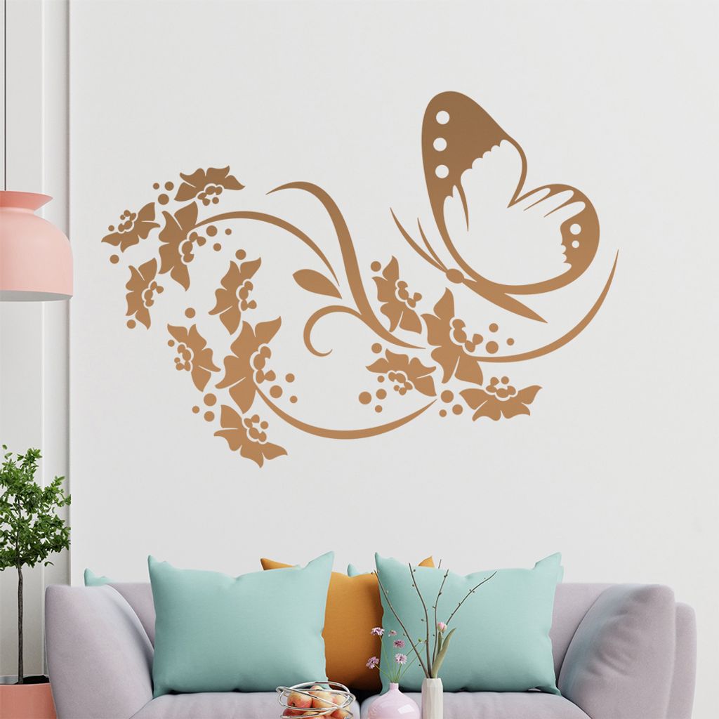 Falter Schmetterling Blüte Wandtattoo in 6 Größen - Wandaufkleber Wall Sticker - Dekoration, Küche, Wohnzimmer, Schlafzimmer, Badezimmer