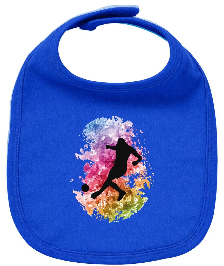 Huuraa Baby Lätzchen Fußballspieler bunte Silhouette Royal Blue Klettverschluss Baumwolle Latz Geschenkidee