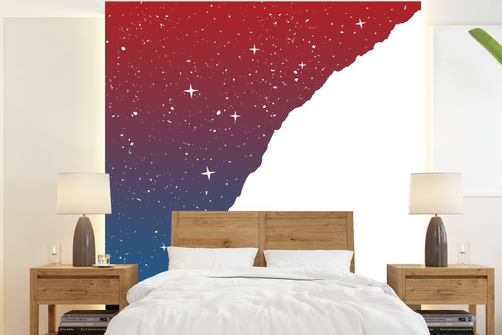 MuchoWow Fototapete für Wohnzimmer oder Schlafzimmer Wandtapete Vinyl Motivtapete Nacht - Klettern - Sterne - Rot - Blau - 200x220 cm - Vinyltap...