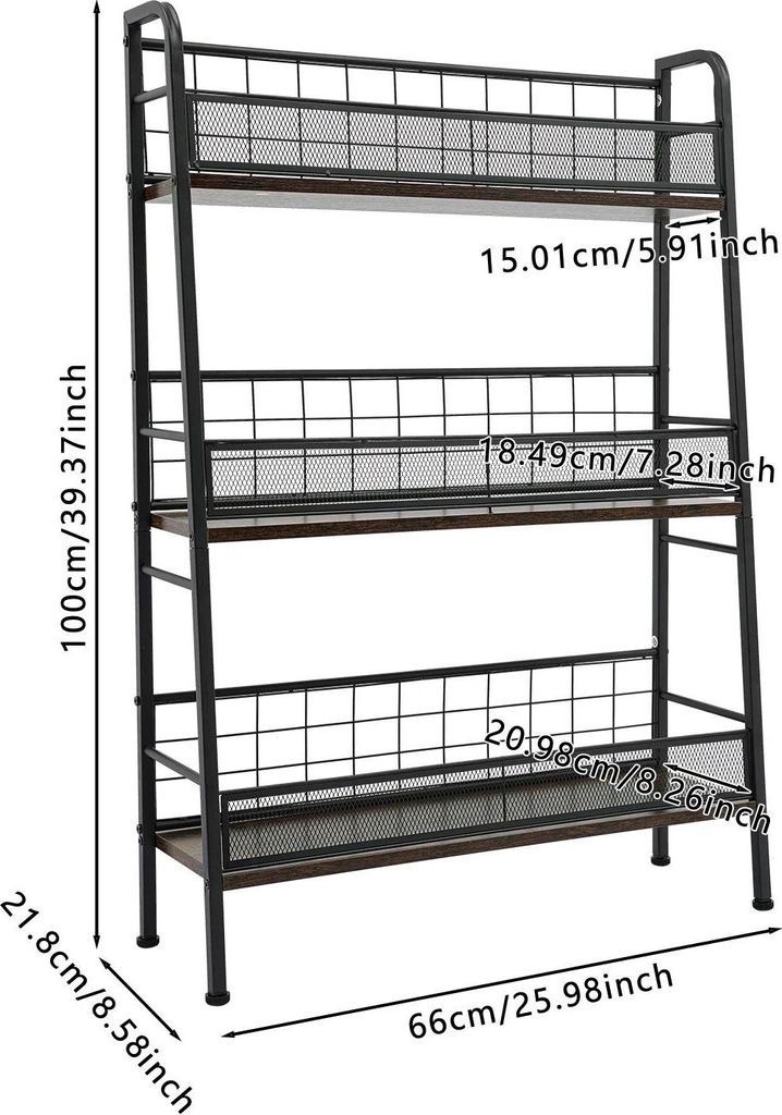 Vinyl und CD Regal - Wohnzimmer Standregal - 3-stöckiges freistehendes LP Rack - Tragkraft 25 kg - Trapezform - Metall und Holzplatte - Schwarz