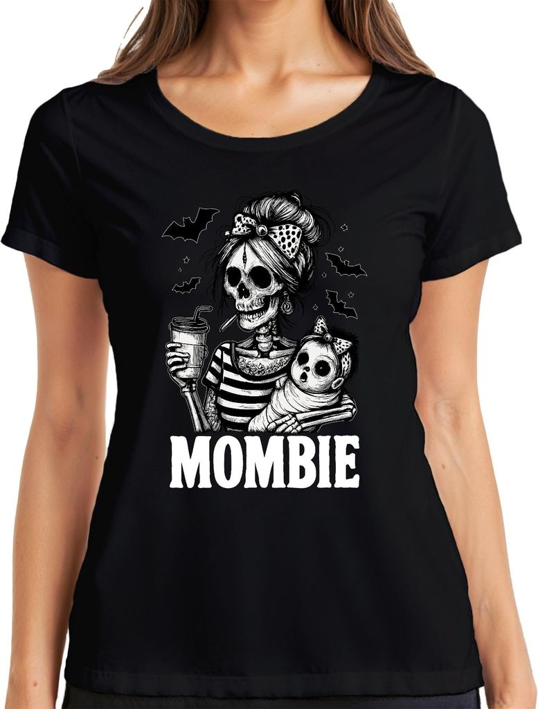 Mombie Zombie Mama Halloween Skelett Baby Kaffee Retro Gothic Damen T-Shirt, Schwarz, S