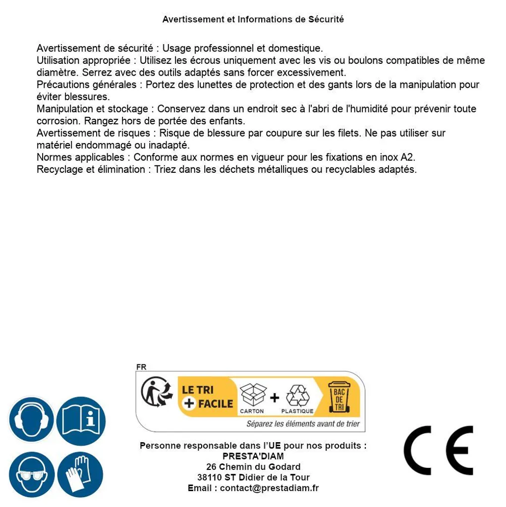 100 Écrous M6 Indesserrables Inox A2 D-Work avec Frein Bague Métallique