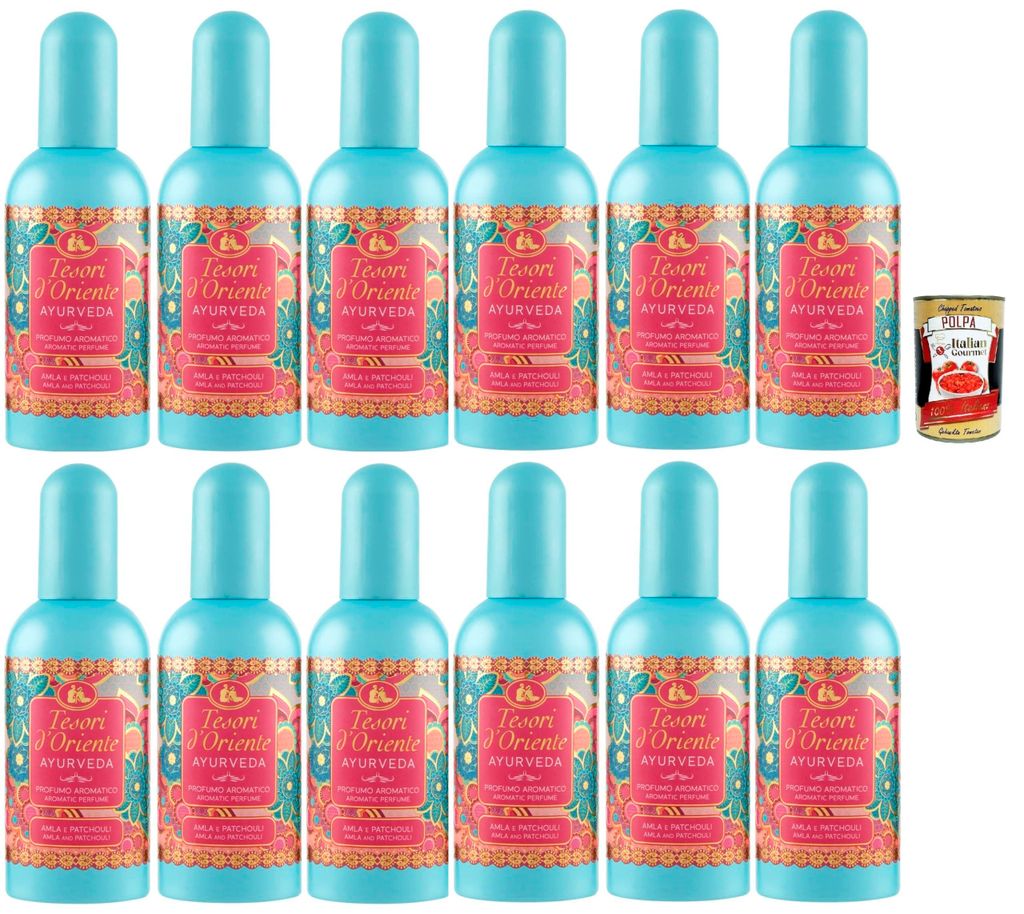 Tesori d'Oriente Ayurveda Profumi Edt Eau de Toilette 12x 100 ml spray, Aromatic perfume, Frischer und blumiger Duft + Italian Gourmet polpa 400g