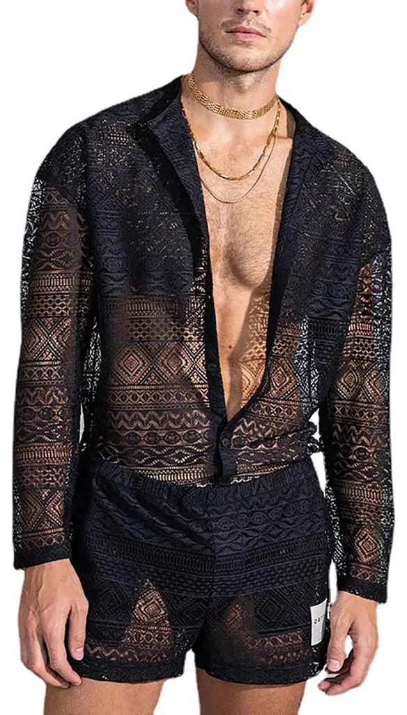 Ensemble chemise dentelle noire fleurie et short homme XXL S10