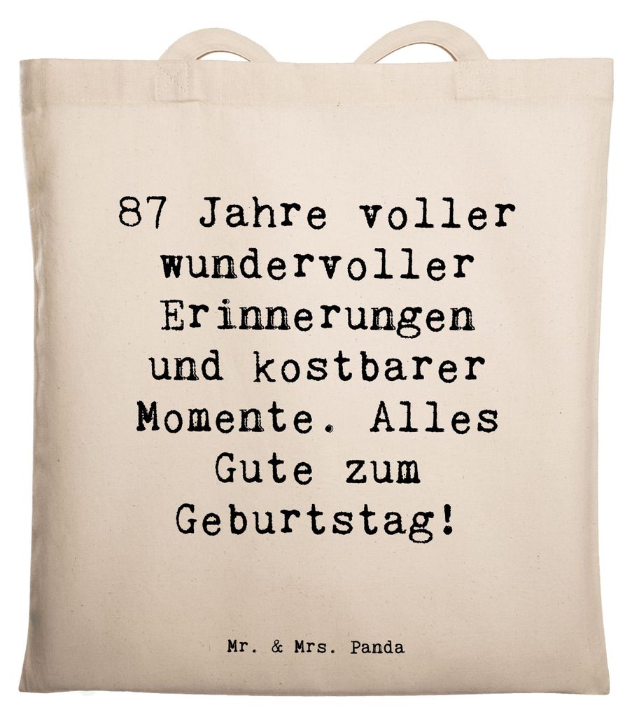Mr. & Mrs. Panda Jutetasche Spruch 87. Geburtstag Freude - Transparent - Geschenk, Happy Birthday, Geburtstagswünsche 87 Jahre, Tote Bag, canvas t...